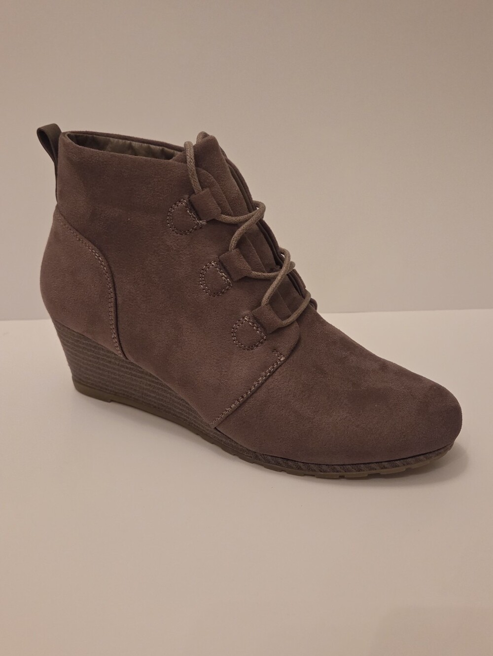 Women's Taupe Wedge Ankle Boot - Suede Lace-Up